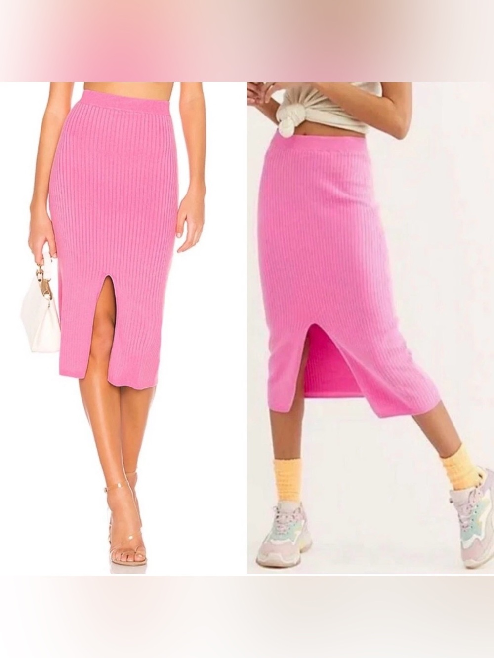 Free People Skyline Midi Skirt Ribbed Front Slit Pink M Stretch